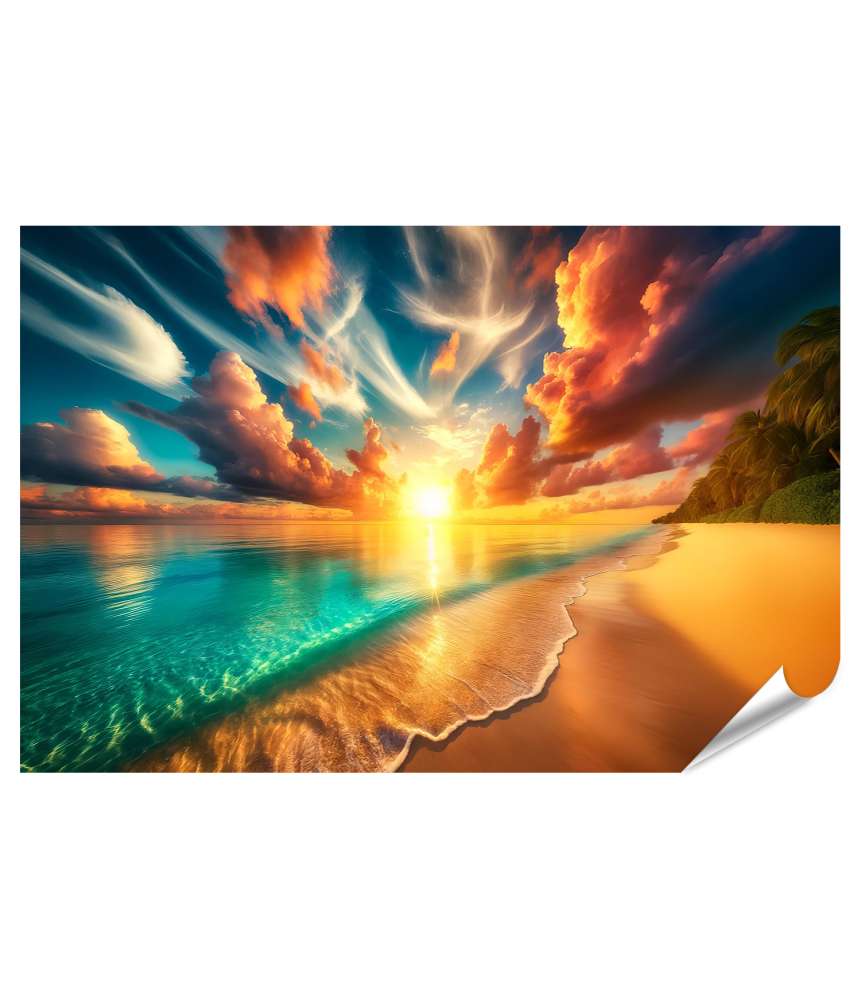 islandburner Premium Poster Goldener Sonnenuntergang am tropischen Strand türkisfarbenes Meer