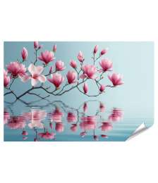 islandburner Premium Poster Leuchtend pinke Magnolienblüten spiegeln sich in ruhigem Wasser Spa Massage Salon