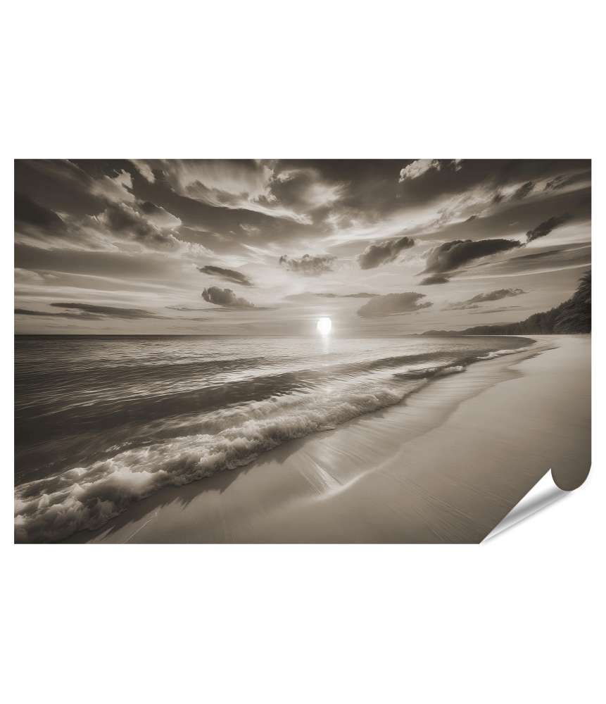 islandburner Premium Poster Sonnenuntergang-am-tropischen-Strand-SEPIA