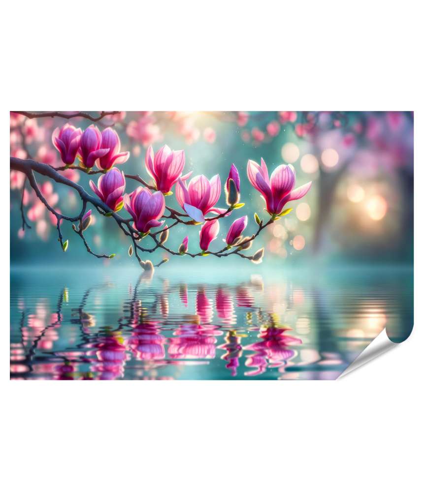islandburner Premium Poster Spiegelung Rosa Magnolienblüten auf Wasseroberfläche Massage Salon Spa