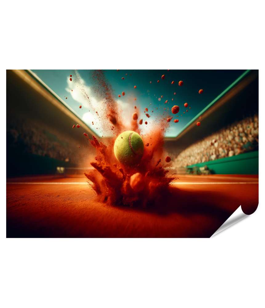 islandburner Premium Poster Tennisball schlägt auf Sandplatz auf